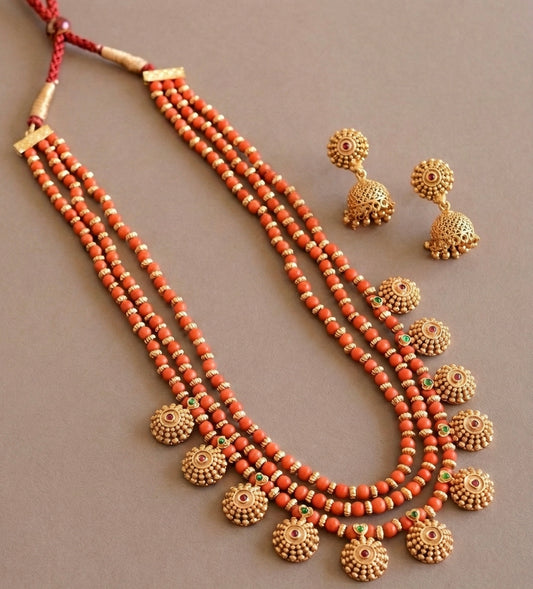 Antique gold tone flower coral beaded multi layer mala/necklace set dj-52693