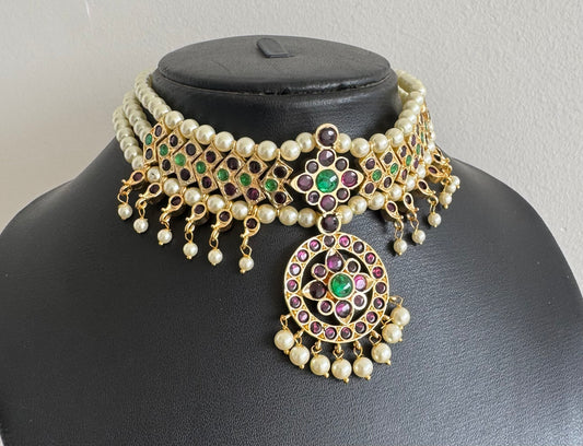 Gold tone precious kemp-green pearl attigai/necklace dj-52005