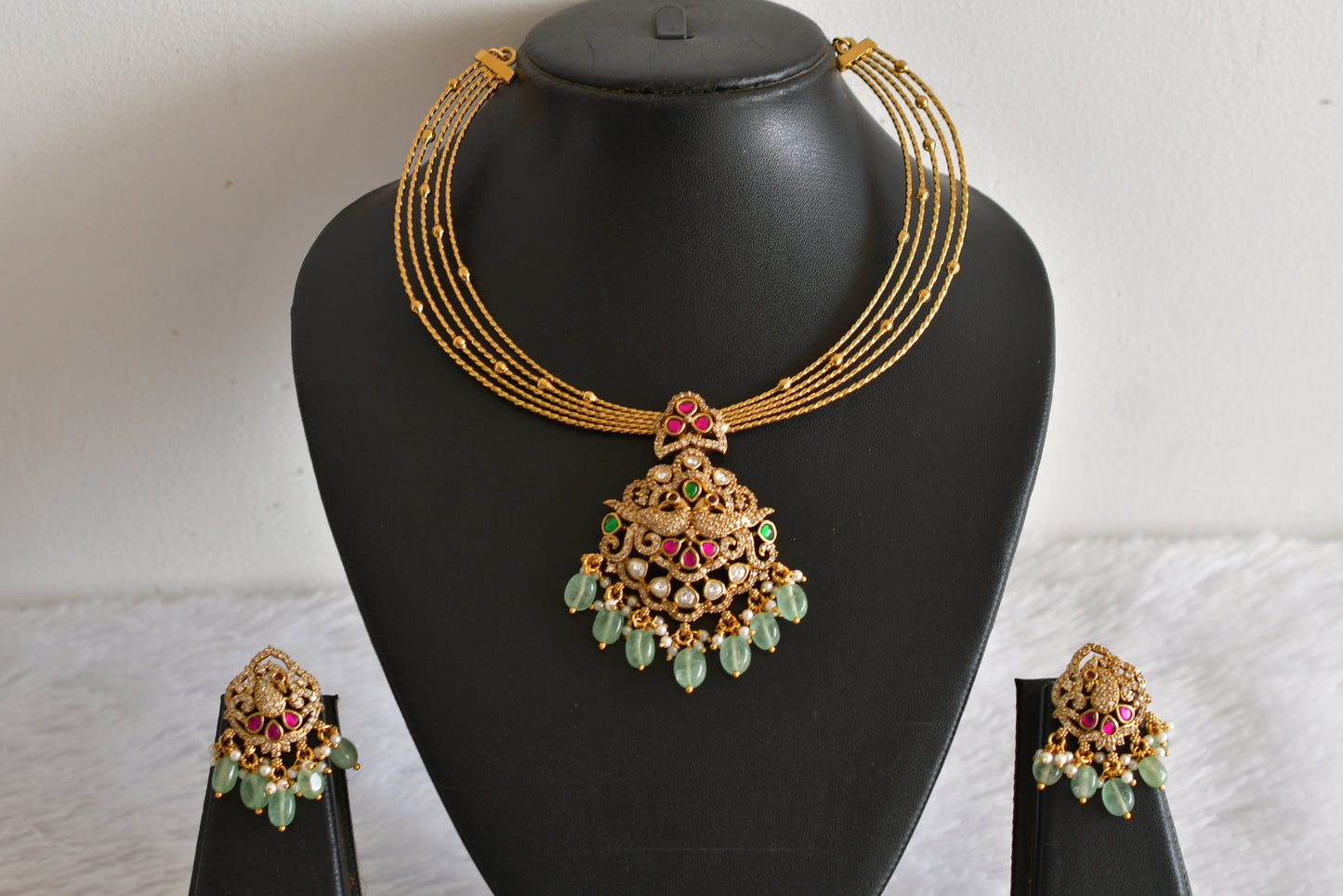 Antique gold tone pink-green kundan jadau kante necklace set dj-52420