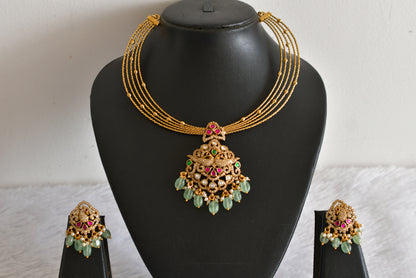 Antique gold tone pink-green kundan jadau kante necklace set dj-52420