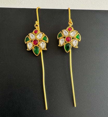 Gold tone pink-green kundan jadau flower bugadi earrings dj-51126