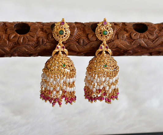 Antique gold tone ruby-green beaded peacock jhumkka dj-52162