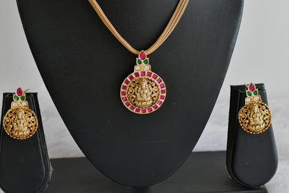 Matte finish pink-green jadau Lakshmi pendant necklace set dj-51821