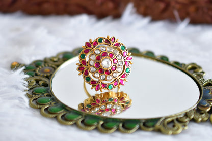 Gold tone pink-green-pearl kundan jadau flower finger ring dj-52369