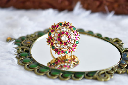 Gold tone pink-green-pearl kundan jadau flower finger ring dj-52369