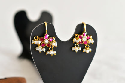 Gold tone pink-white kundan jadau flower bugadi earrings dj-52483