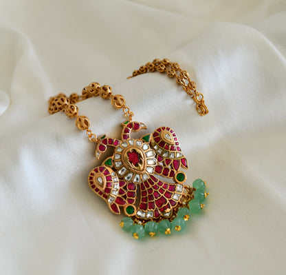 Gold tone pink-green kundan jadau Gandaberunda reversible necklace dj-52597