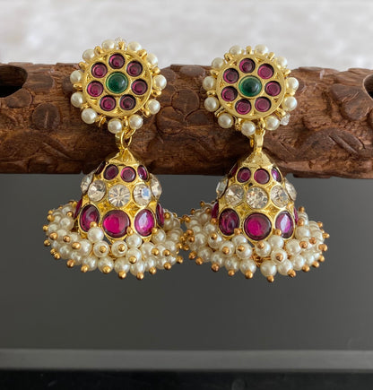 Gold tone precious kemp-green-white stone pearl jhumkka dj-53218