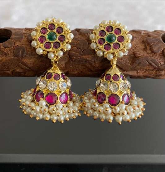 Gold tone precious kemp-green-white stone pearl jhumkka dj-53218