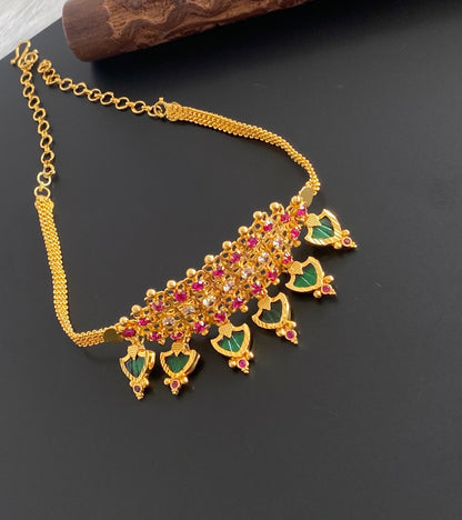 Gold tone kerala style pink-green-white palakka choker necklace dj-54131