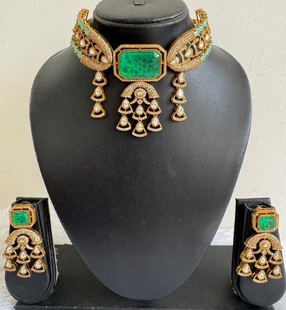 Antique gold tone cz kundan sea green choker necklace set dj-51081