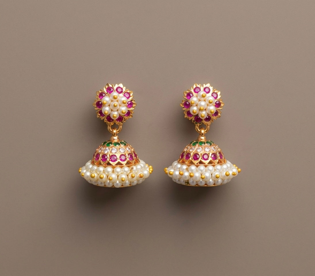 Gold tone South Indian style pink-green-white pearl jhumkka dj-51887