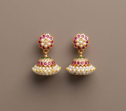 Gold tone South Indian style pink-green-white pearl jhumkka dj-51887