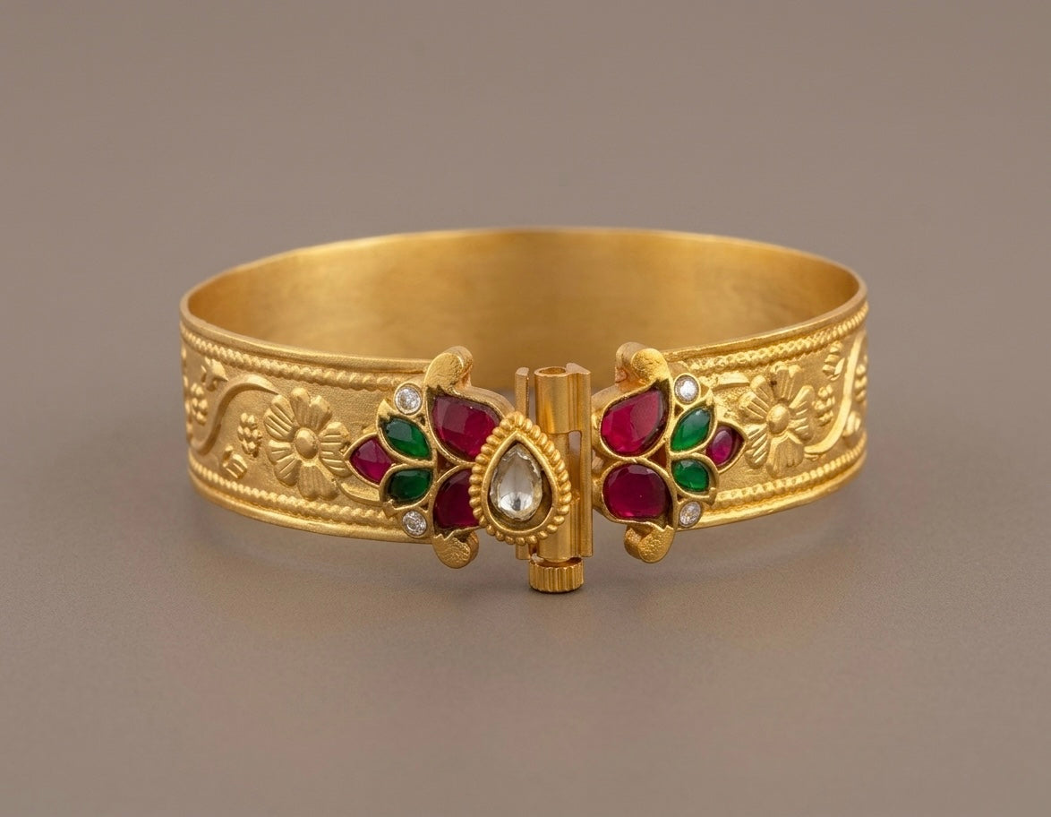 Matte finish pink-green-white Kundan jadau flower screw type kada(2.6) dj-53509