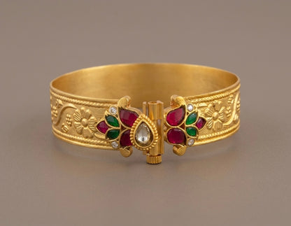 Matte finish pink-green-white Kundan jadau flower screw type kada(2.6) dj-53509