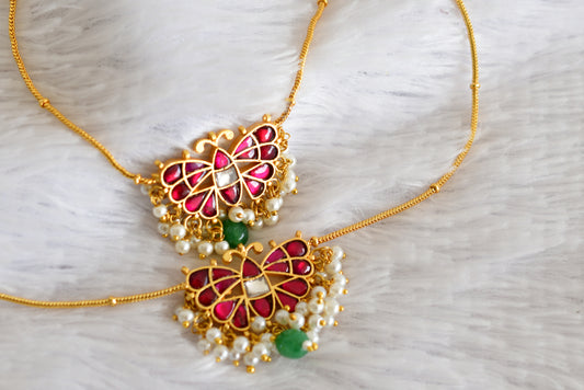 Gold tone pink-green pearl butterfly kundan jadau anklets dj-52388