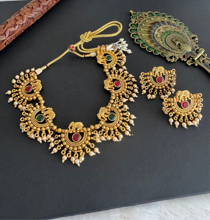 Antique gold pearl Elephant round ruby-green stone necklace set dj-52097