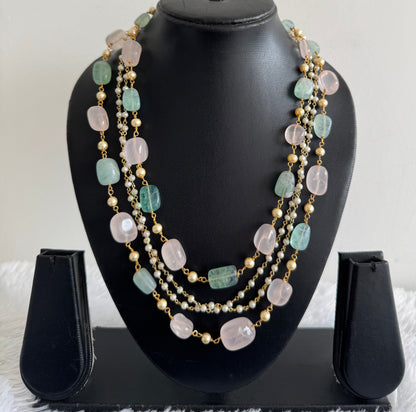 Antique gold tone baby pink Green Onyx Beaded Necklace Set Dj-51462