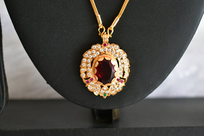 Gold tone 24 chain with red oval stone pendant dj-51912