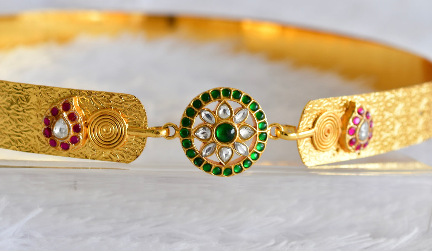 Gold tone pink-green-white kundan jadau round mango waist band dj-52179