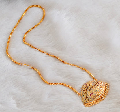 Gold tone AD white-pink-green swan pendant with chain dj-53328