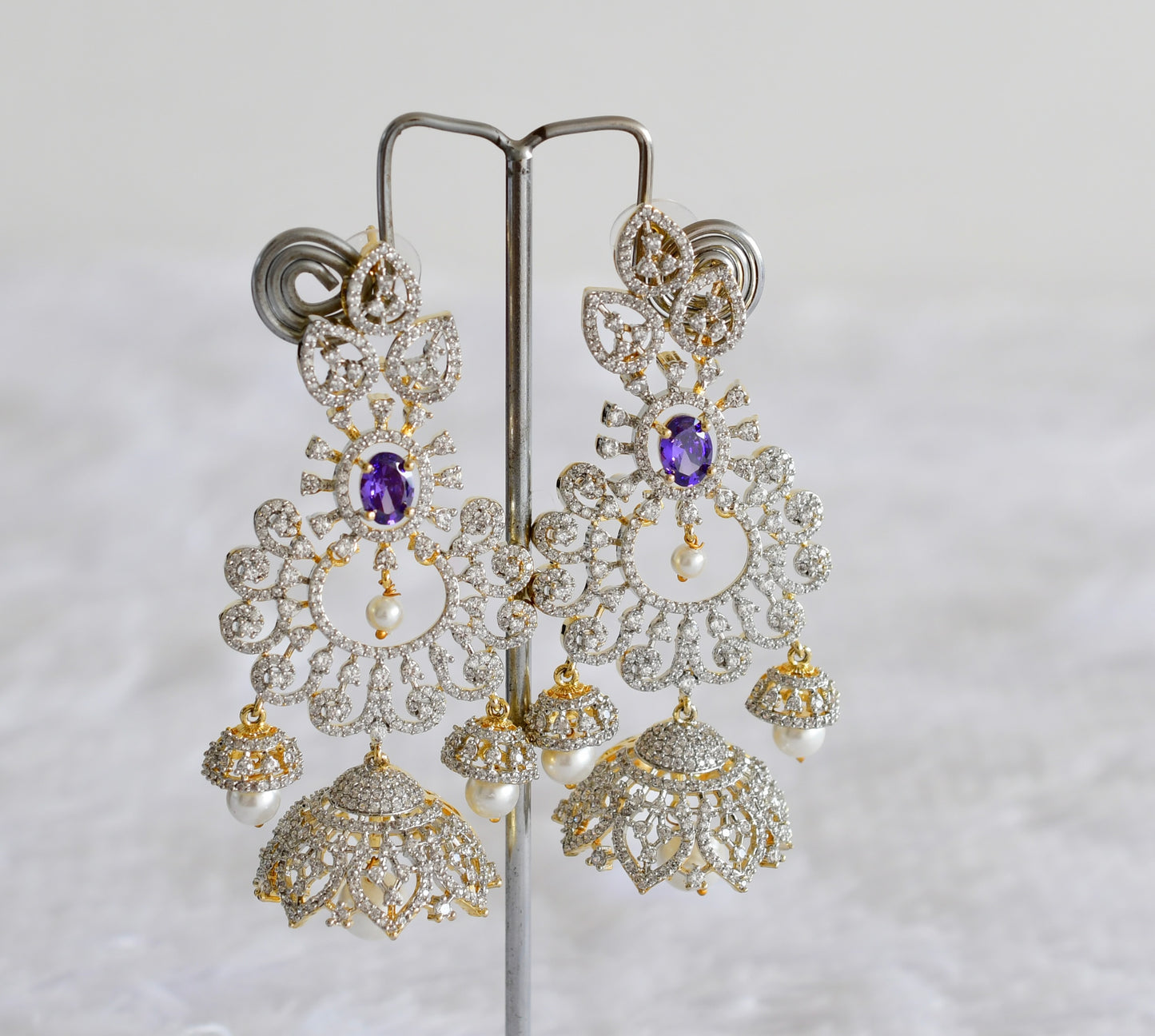 Two tone cz purple pearl long bali jhumkka dj-51884