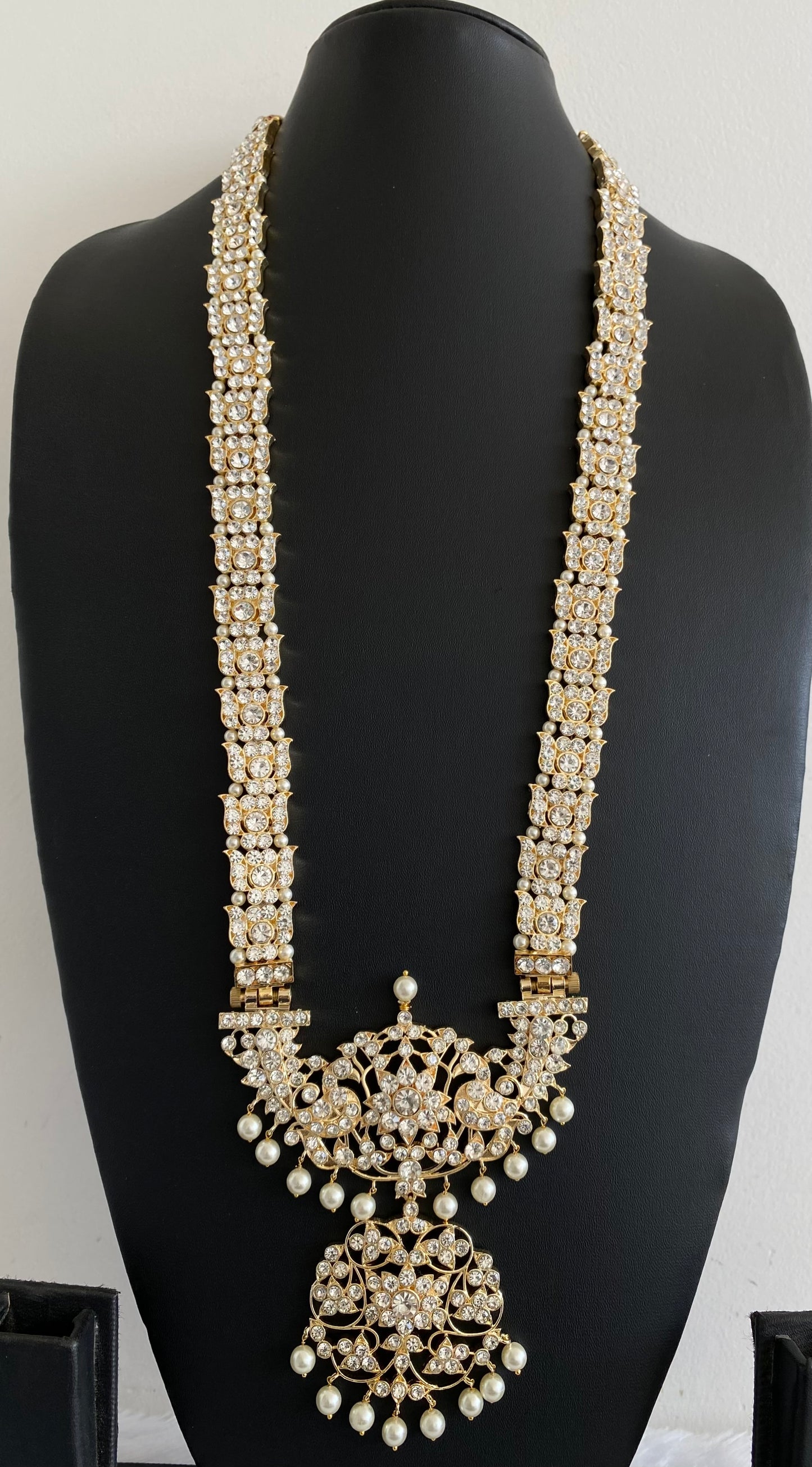 Gold tone AD white stone lotus peacock flower pearl haar dj-53384