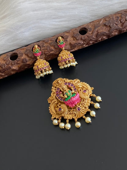 Antique gold tone pearl peacock lakshmi meenakari pendant set dj-54743
