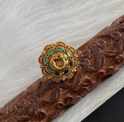 Antique gold tone green stone peacock finger ring dj-54335