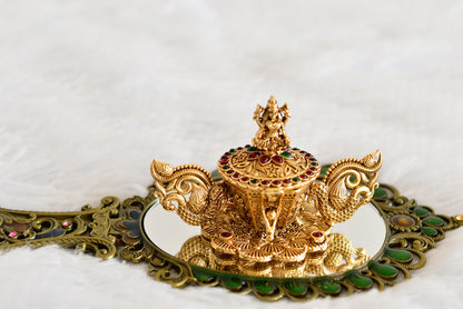Antique gold tone kemp-green Ma Lakshmi kumkum box dj-52319