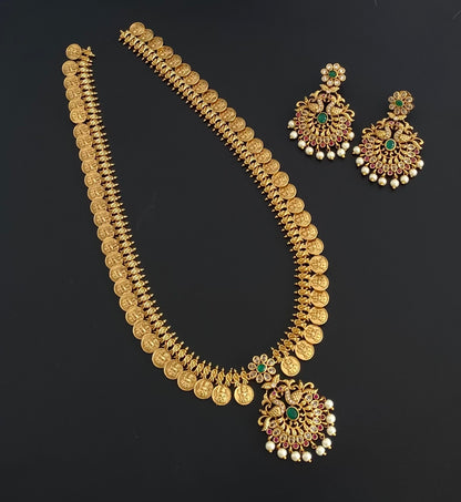 Antique gold tone kemp-green-white peacock pearl lakshmi coin haar set dj-54562