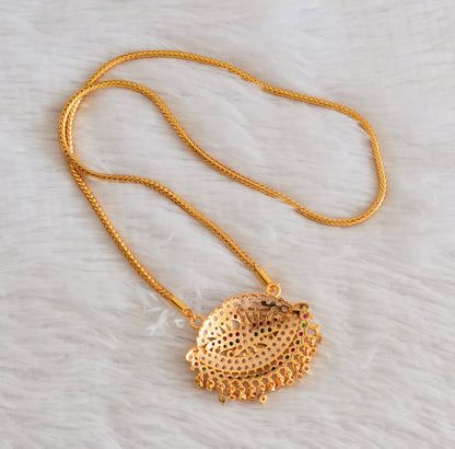 Gold tone AD pink-white-green peacock pendant with chain dj-53325