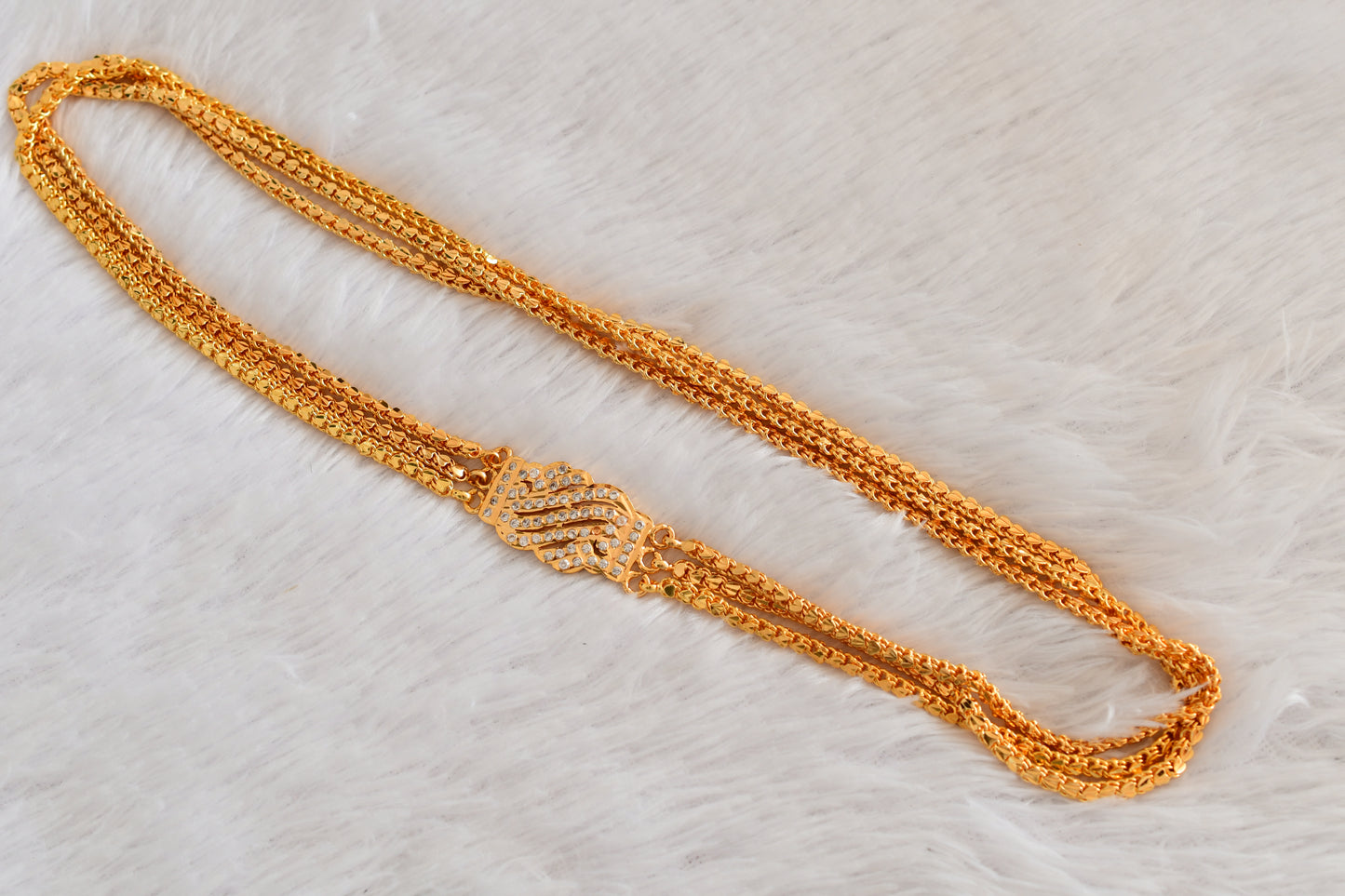 Gold tone 24 inches white triple layer mugappu chain Dj-53311