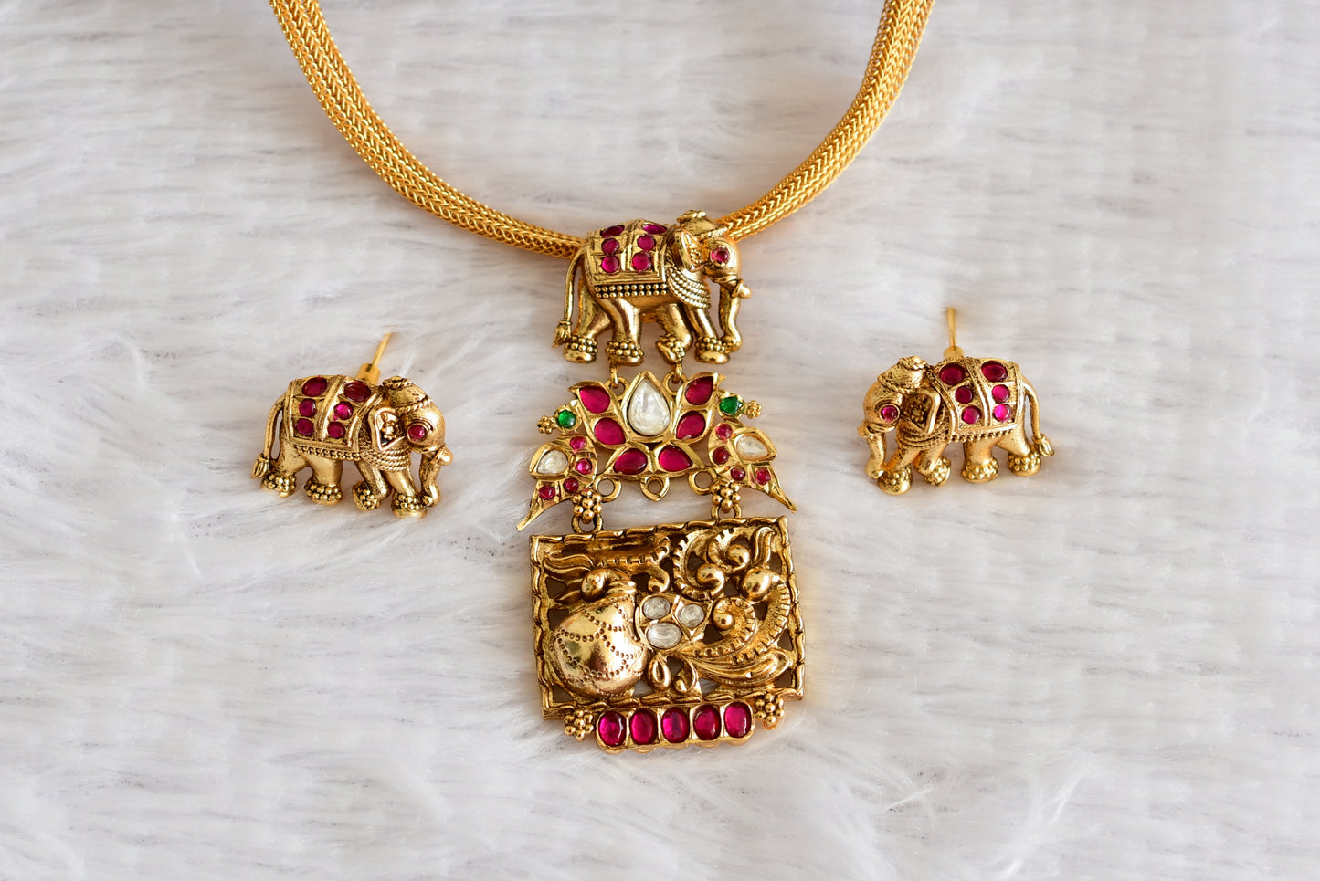 Antique gold tone pink-green elephant jadau necklace set dj-51833