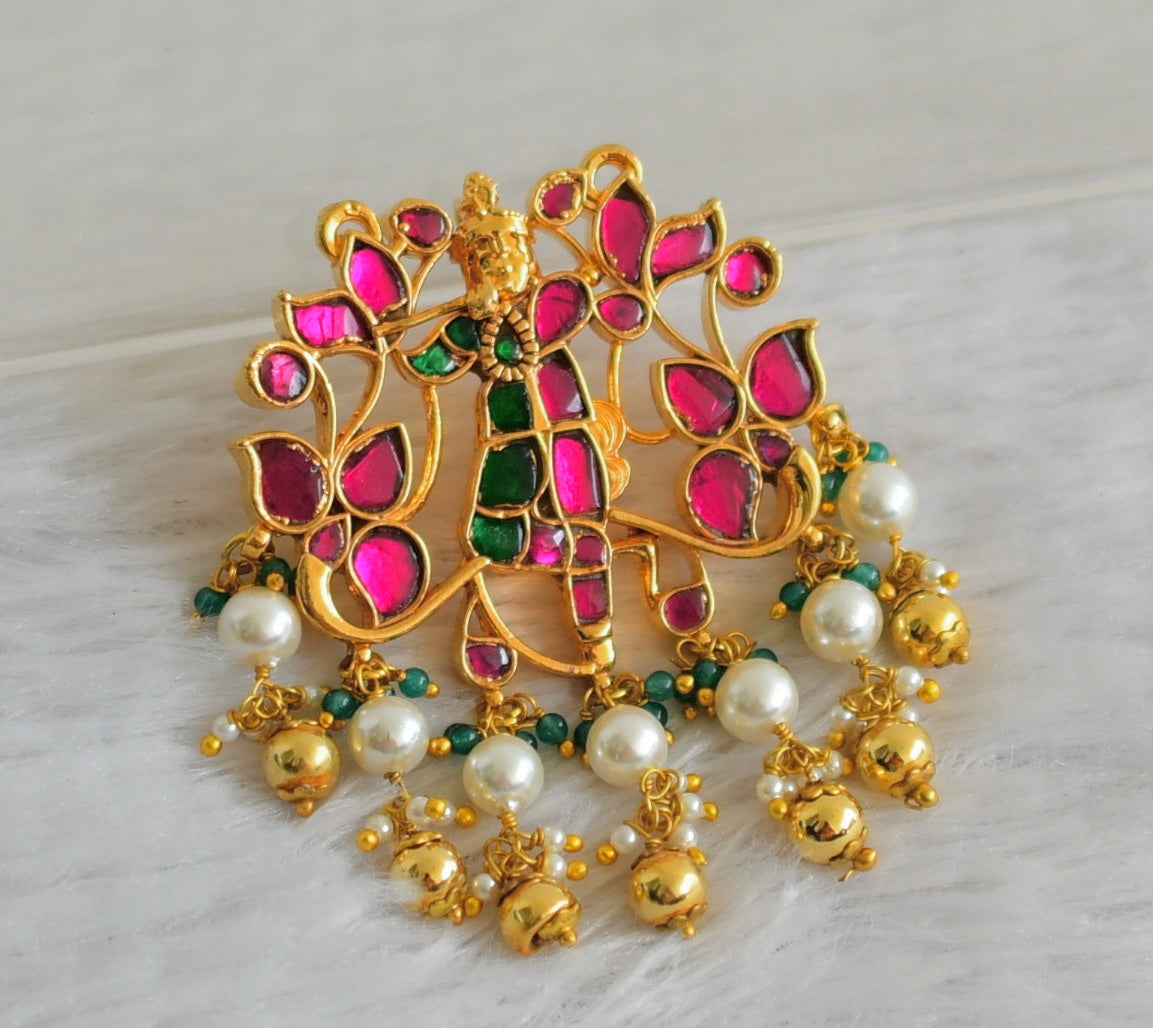 Gold tone pink-green kundan jadau krishna pendant dj-48975