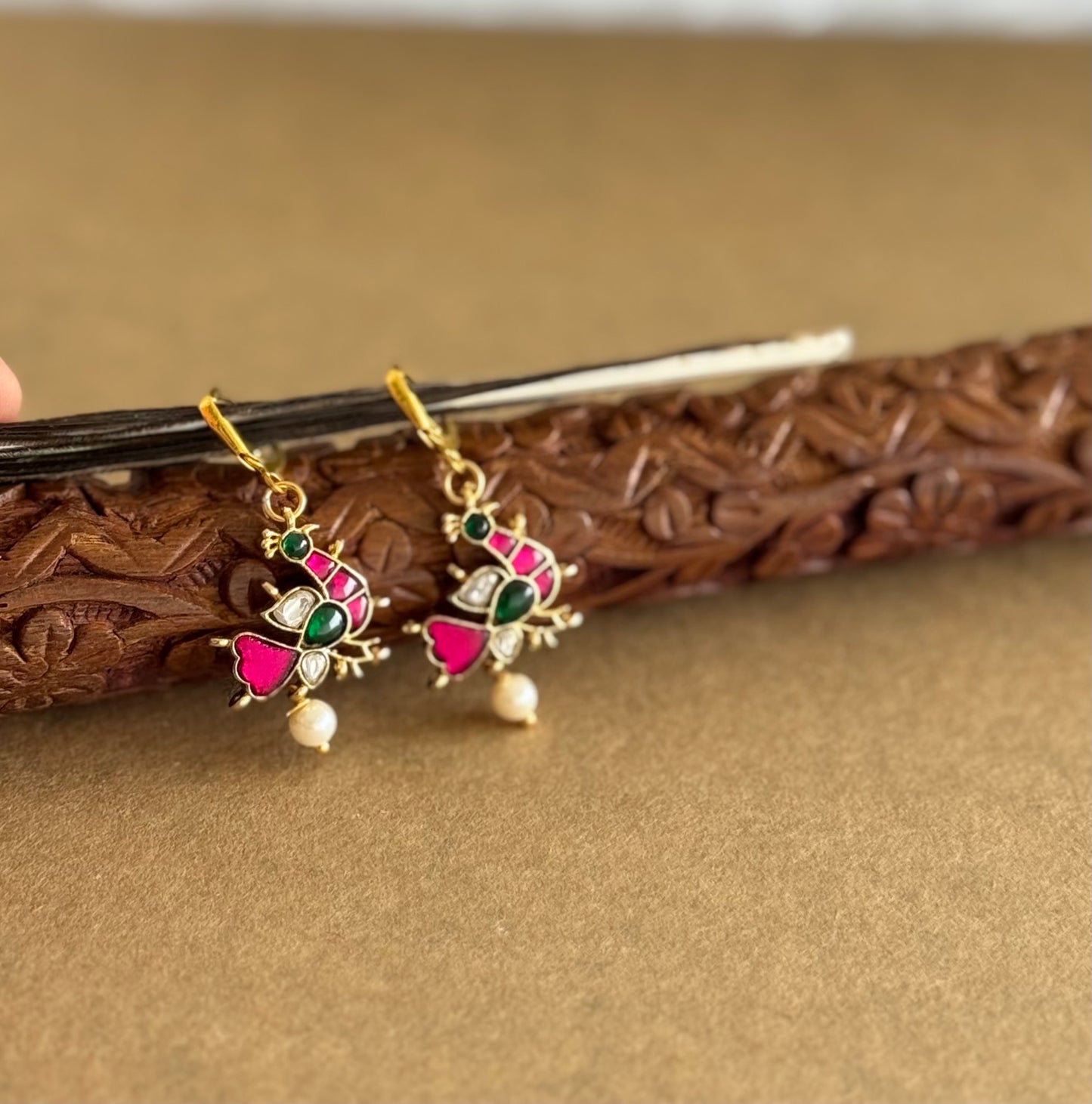 Gold tone pink-green-white kundan jadau peacock hook earrings dj-51529