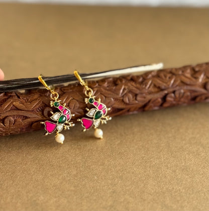 Gold tone pink-green-white kundan jadau peacock hook earrings dj-51529