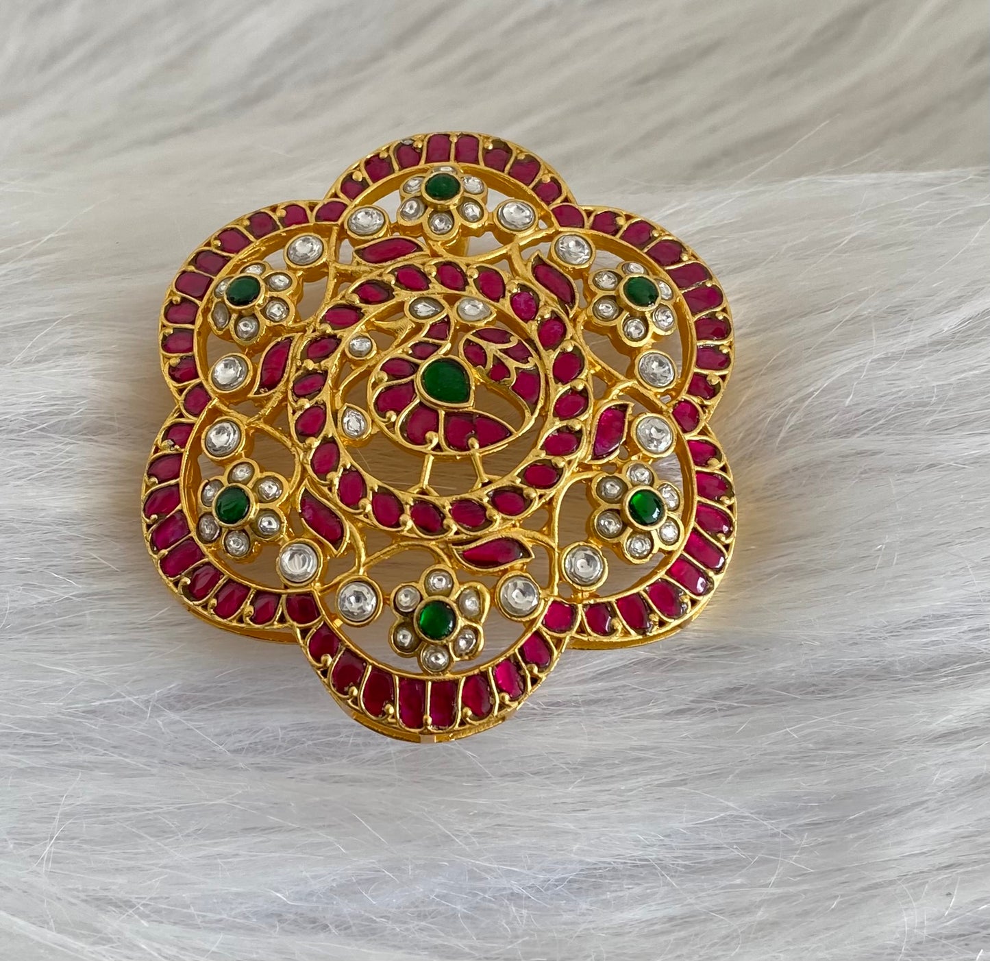 Gold tone pink-green-white kundan jadau peacock flower pendant dj-54172
