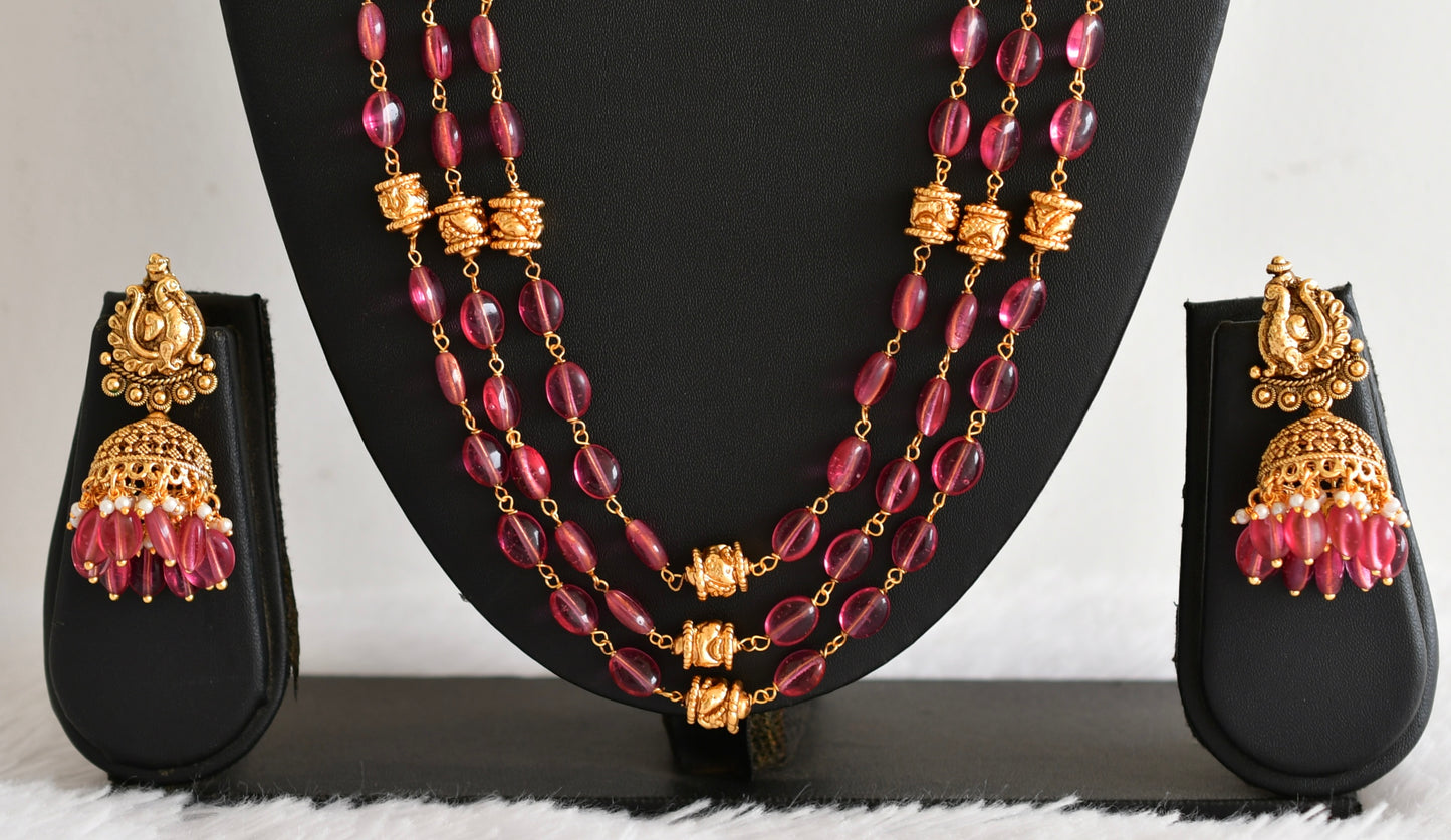 Antique gold tone magenta pink beaded lakshmi peacock multi layer haar set dj-52427
