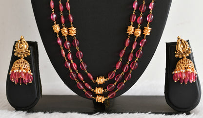 Antique gold tone magenta pink beaded lakshmi peacock multi layer haar set dj-52427