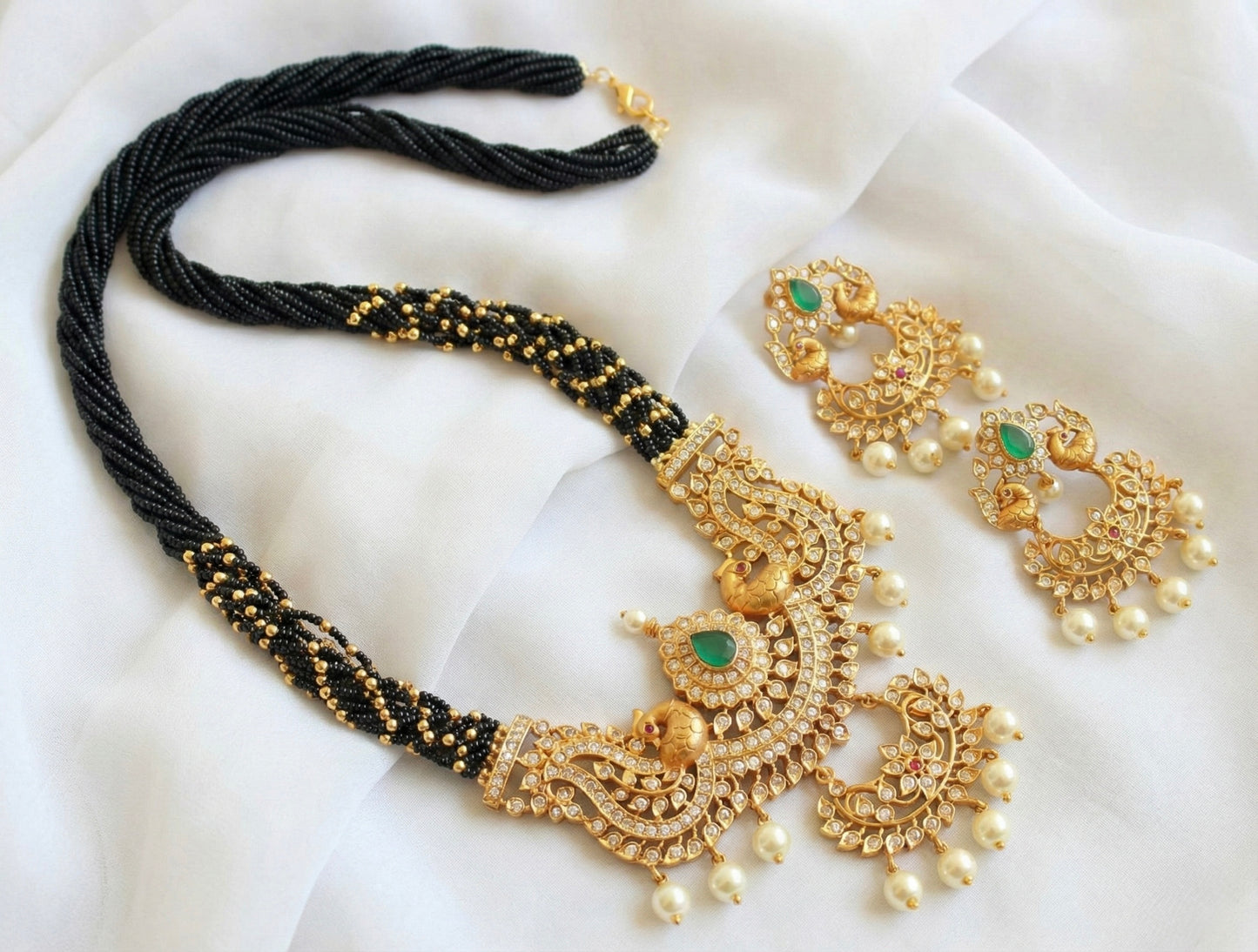 Matte finish black beaded cz peacock haar set DJ29134