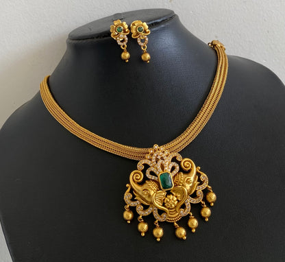 Antique gold tone green-white stone elephant necklace set dj-54267