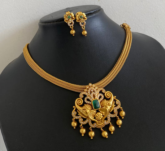 Antique gold tone green-white stone elephant necklace set dj-54267
