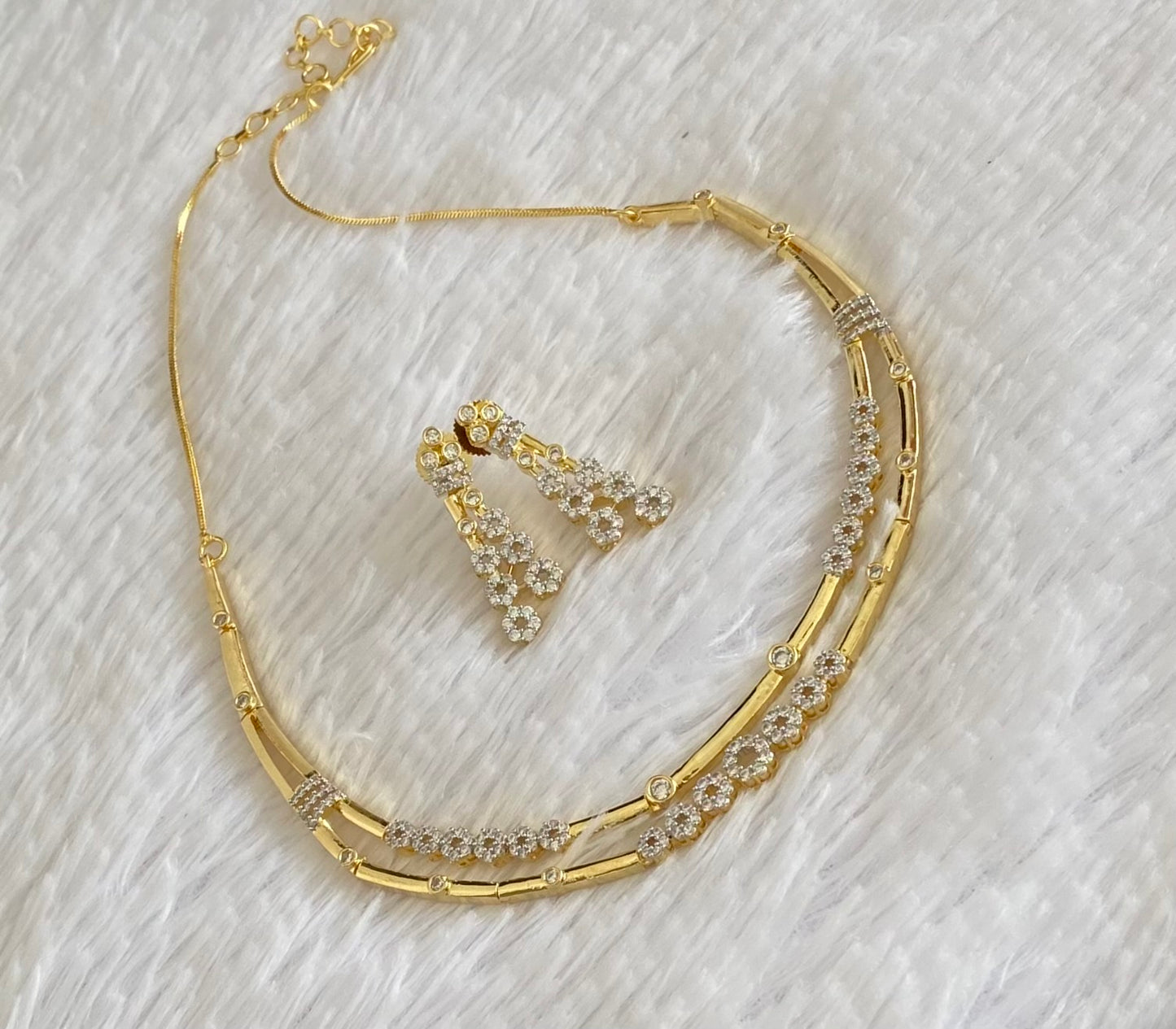 Two tone cz white stone double layer necklace set dj-54345
