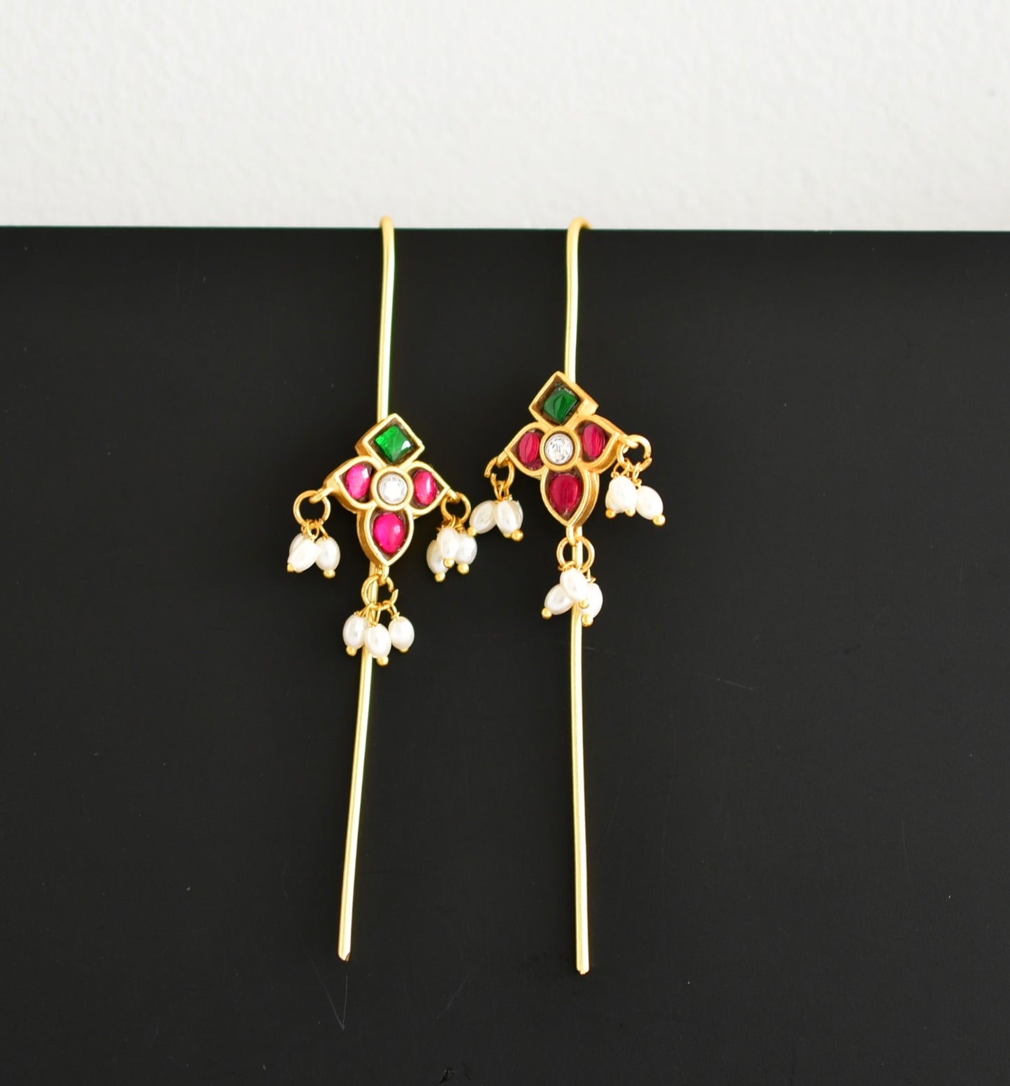 Gold tone pink-green-white kundan jadau bugadi needle earrings dj-52497