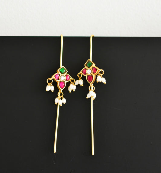 Gold tone pink-green-white kundan jadau bugadi needle earrings dj-52497