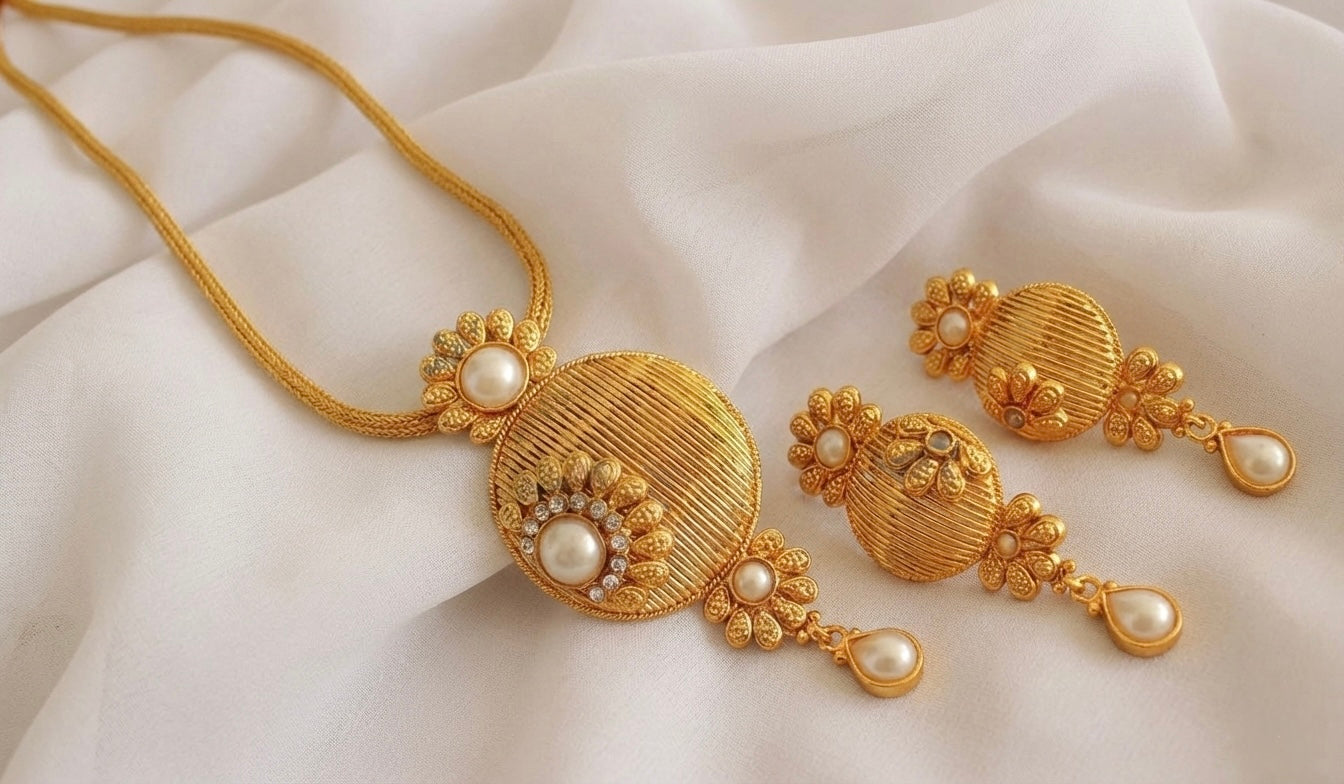 Antique Pearl Flower Pendant Necklace Set-dj17281