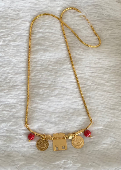 Gold tone 24 inches chain with coral bead lakshmi coin thulasi mangalyam dj-54376