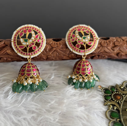 Gold tone pink-green-white kundan jadau green beaded big round peacock jhumkka dj-51509