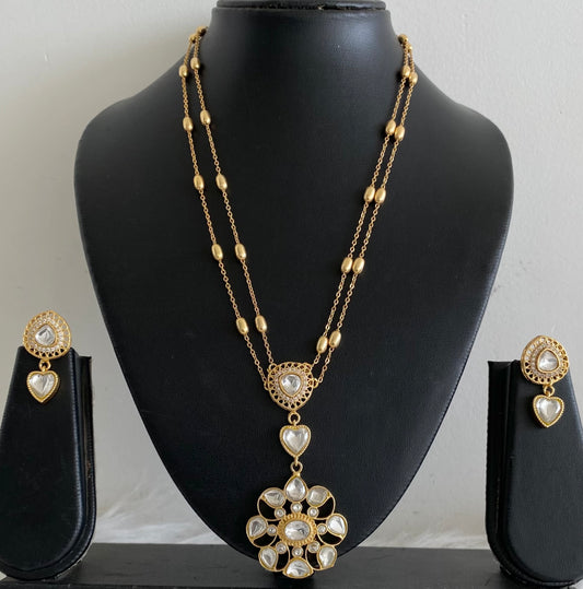 Gold tone white stone double layer kundan jadau necklace set dj-54183
